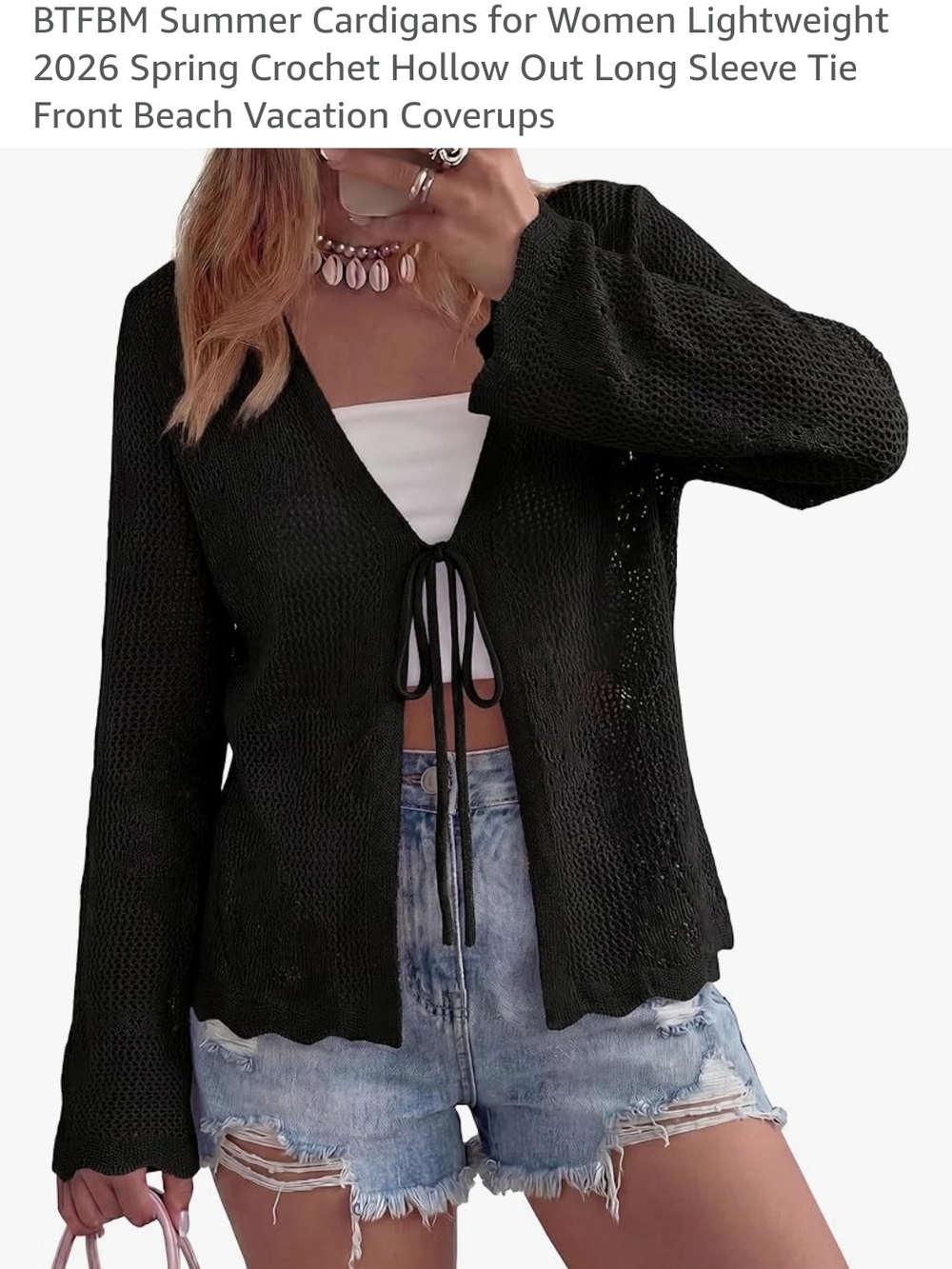 Black Lightweight Crochet Tie-Front Women's Cardigan